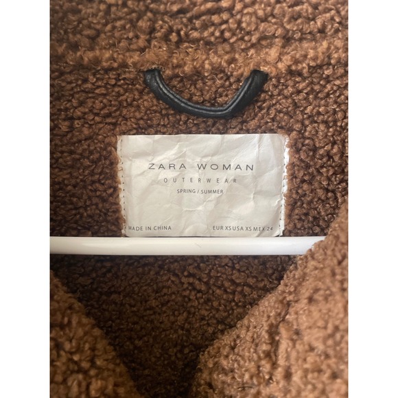 Zara Woman Faux Leather Shearling Aviator Biker Jacket Black Brown XS - Picture 3 of 4